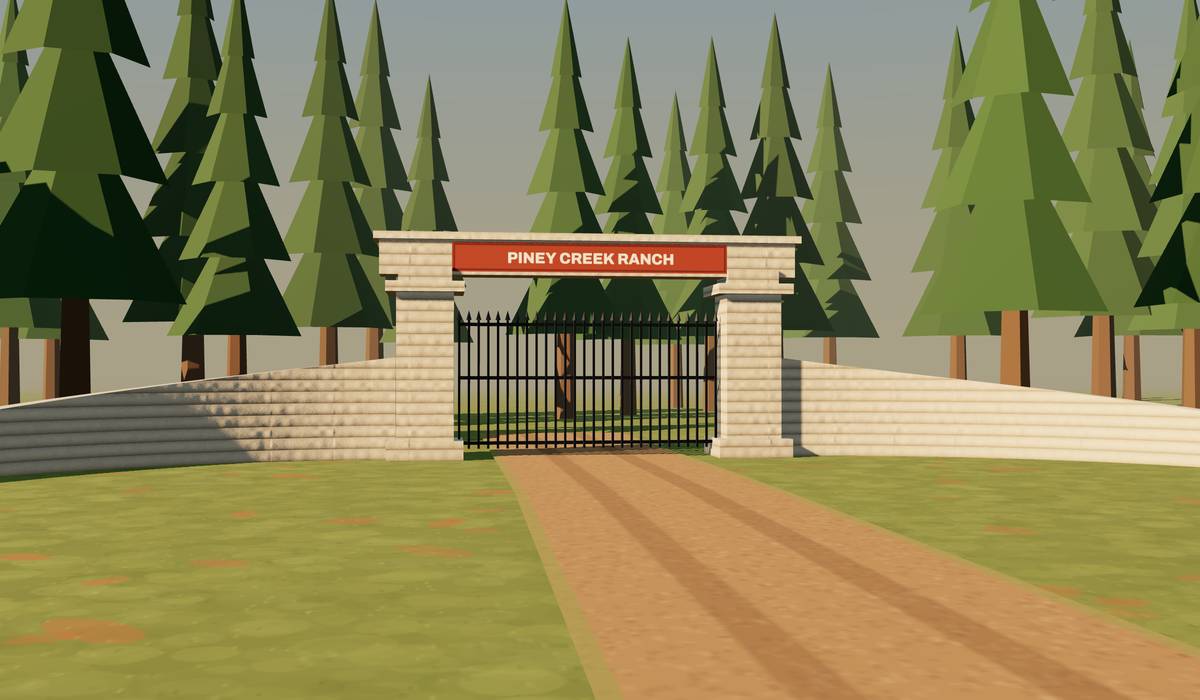 Concept render of a ranch entry: curved printed concrete wing walls, two pillars, an iron gate and a name beam reading Piney Creek Ranch, among pines.