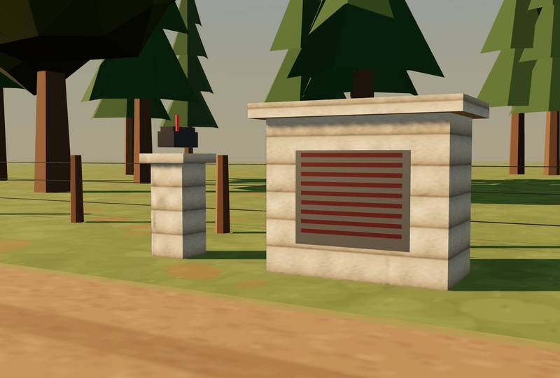 Concept render of a printed mailbox stand and a larger utility enclosure with a vented door beside a fence.